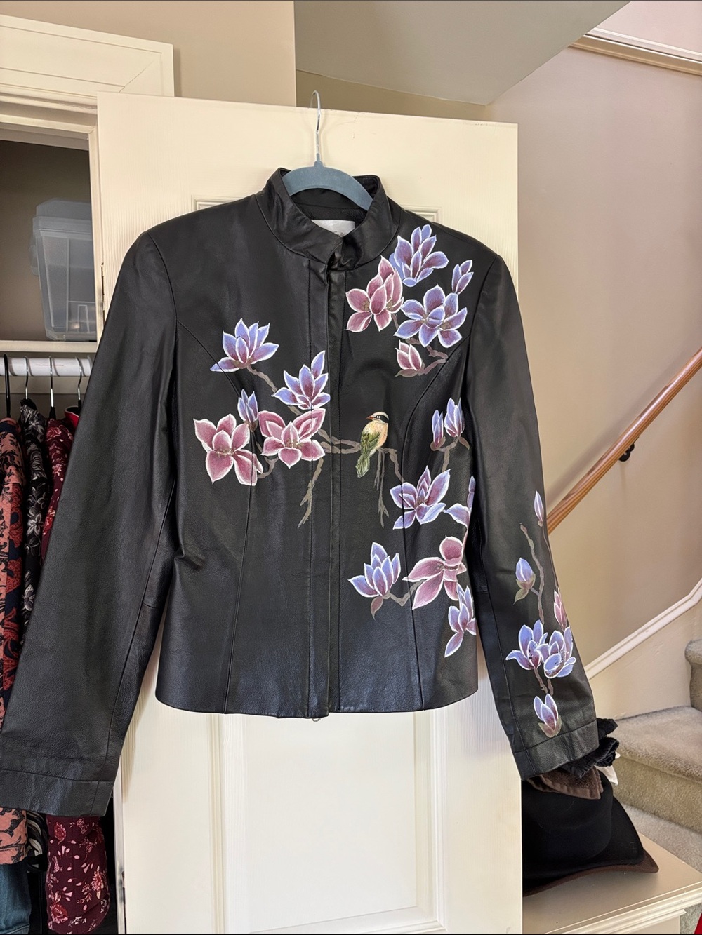 Women's Black Leather Jacket with Painted Floral & Bird Motif